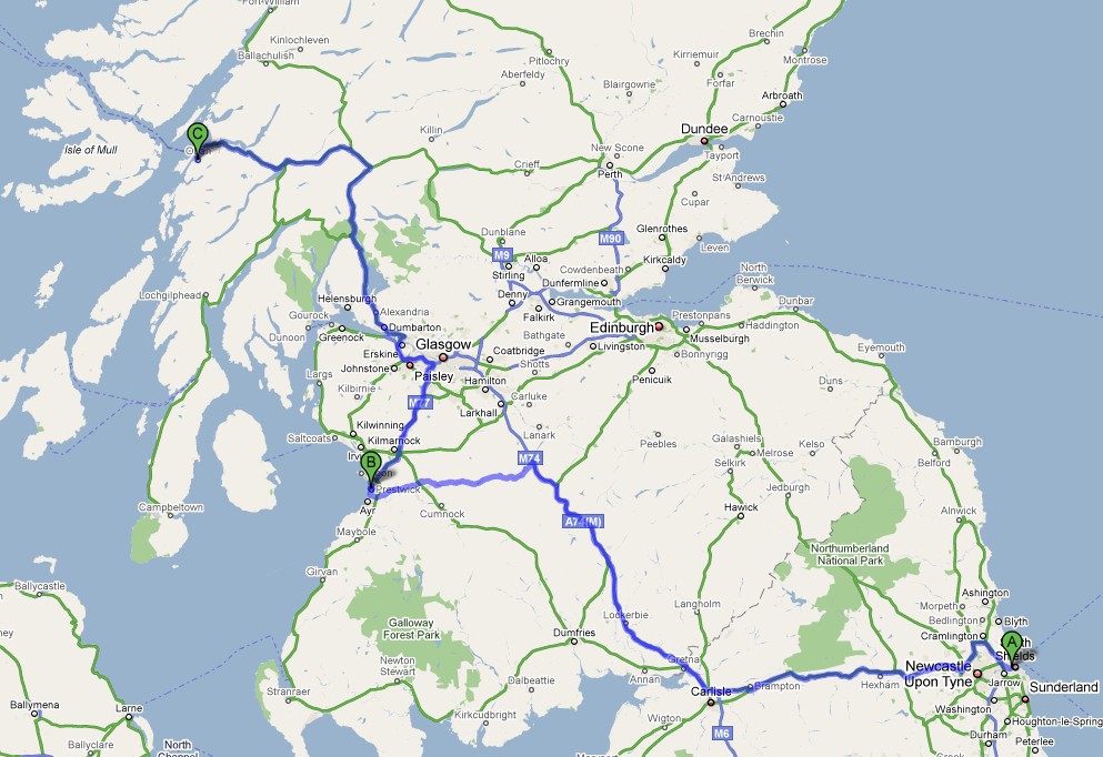 routekaart van Newcastle naar Oban